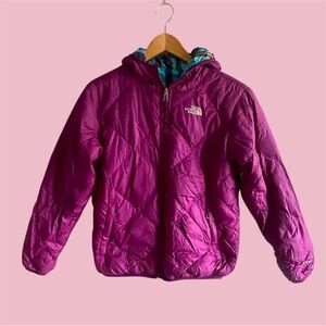 The North Face Jacket Girls L 16/18‎ Hooded Purple Reversible Plaid Mossbud 550